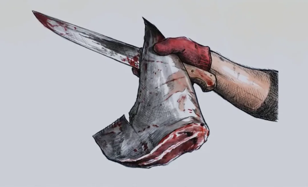 Ilustración del documental: una mano corta la aleta de un tiburón